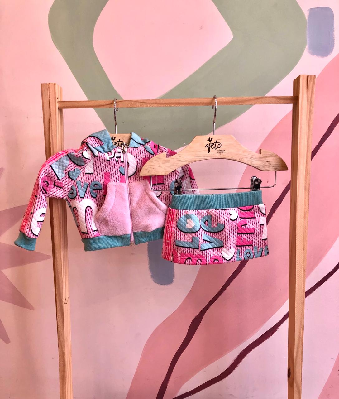 Conjunto manga longa Mon Sucre Saia menina Capuz Love