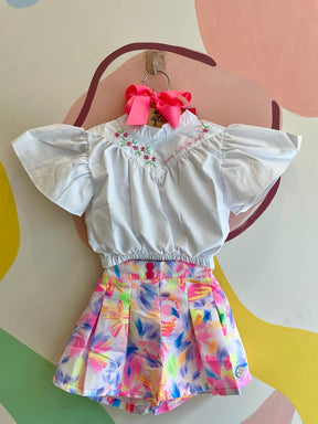 Conjunto Manga Curta Shorts Saia Malagah Infantil menina Neon Manga Frufru