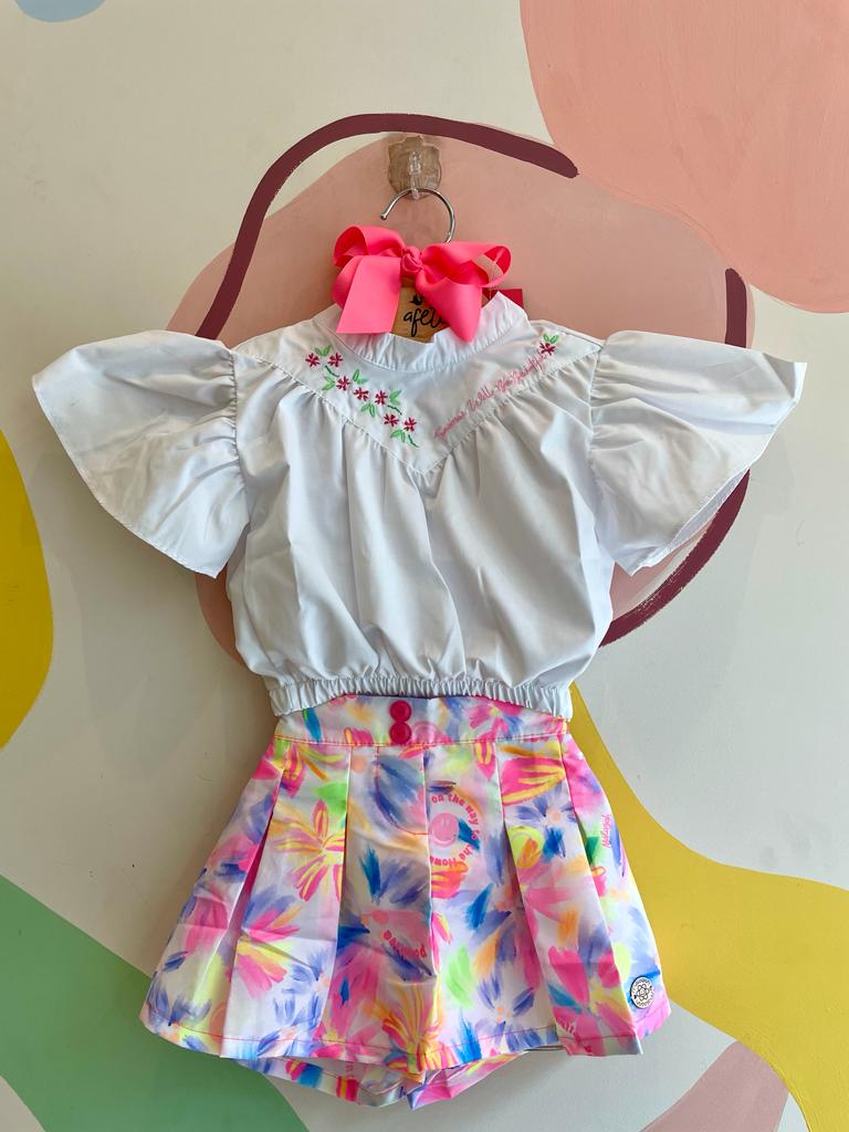 Conjunto Manga Curta Shorts Saia Malagah Infantil menina Neon Manga Frufru