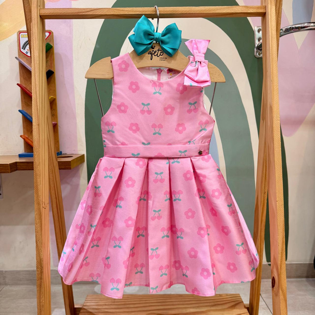 Vestido de Festa Infantil Menina Regata Flores Laço Ombro Rosa Mon Sucre Helena Rosa