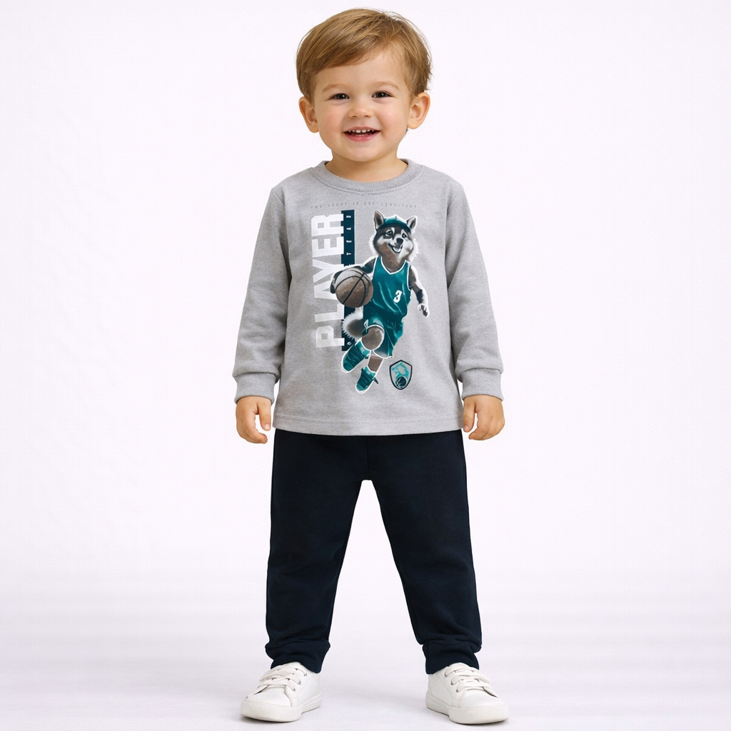 Conjunto Infantil Masculino Manga Longa Calça Flanelado Menino Guaxinim Basquete Cinza Preto