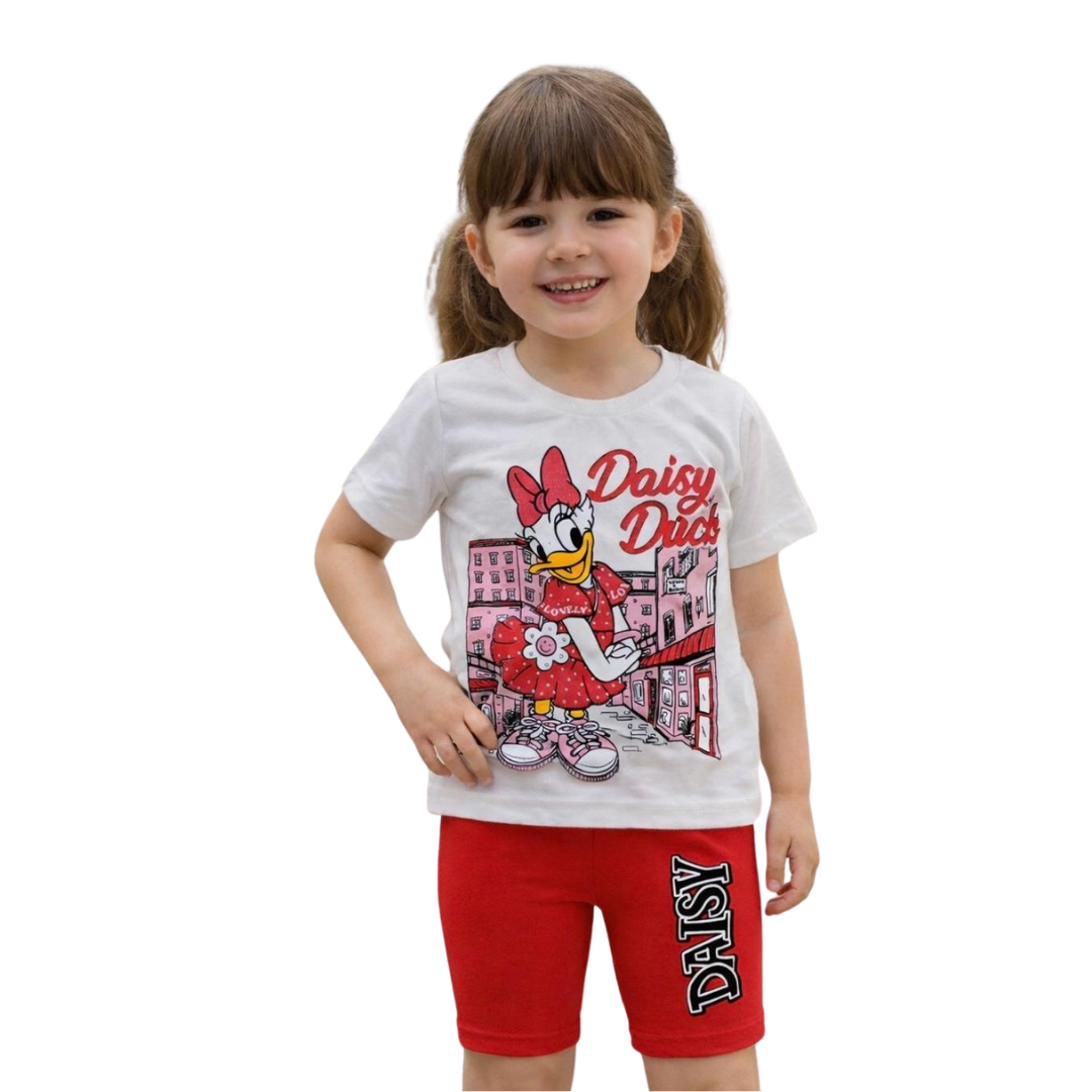 Conjunto Menina Margarida Disney manga curta shorts ciclista off white/vermelho