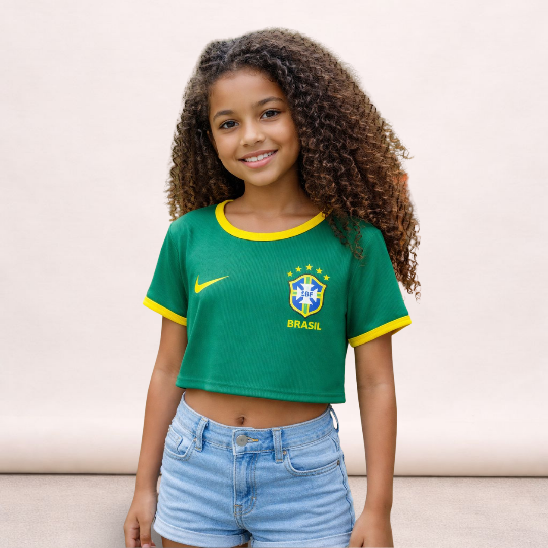 Blusa Brasil Manga Curta Infantil Menina Verde Amarelo