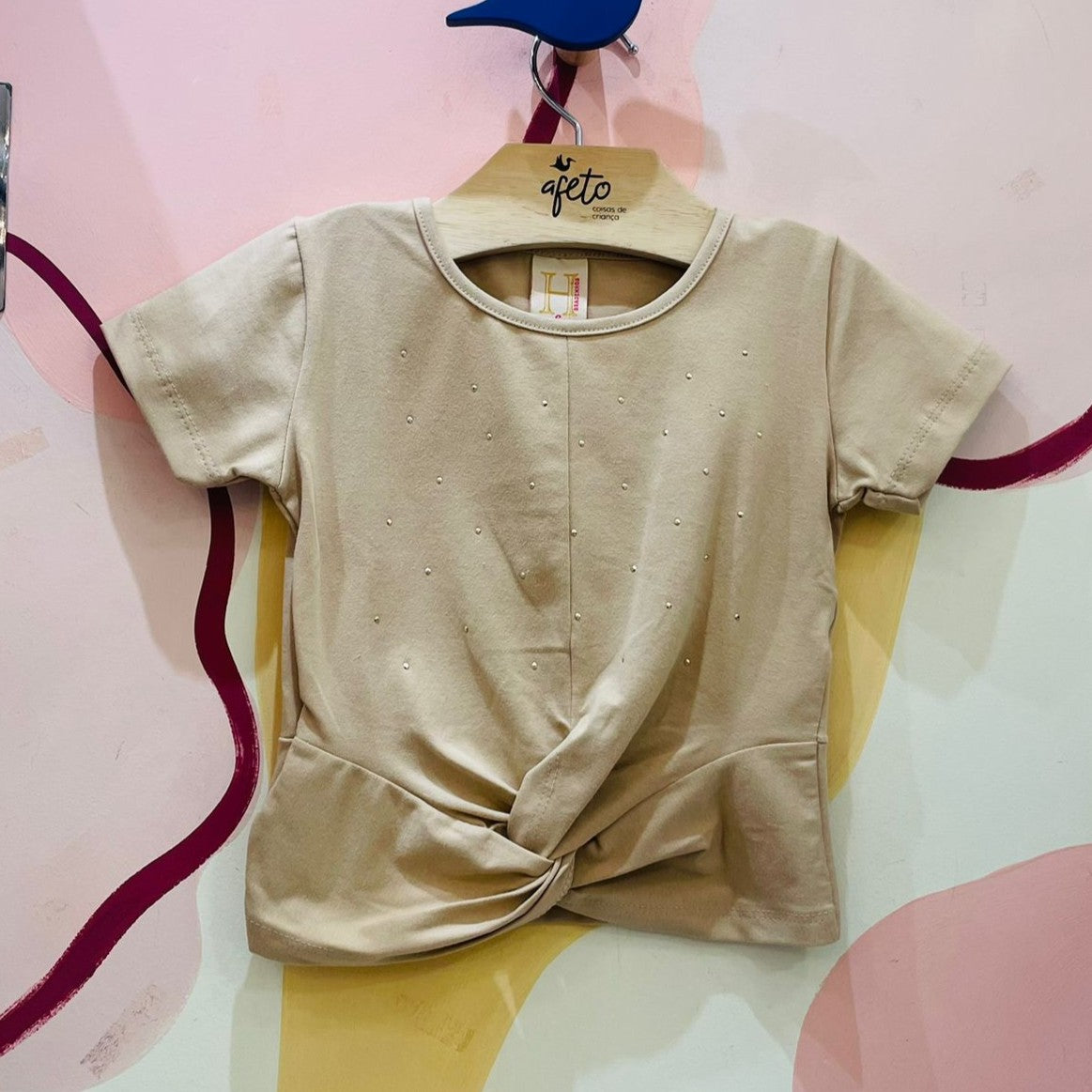 Blusa Manga Curta menina Strass Nozinho Nude