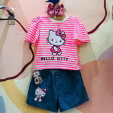 Conjunto Menina Hello Kitty Disney manga curta rosa shorts jeans