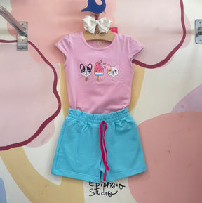 Conjunto Manga Curta Shorts menina Cachorro Sorvete
