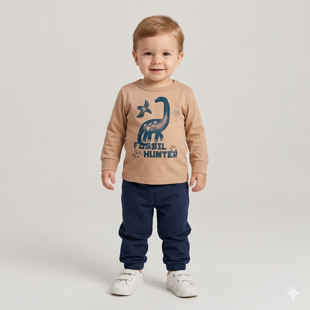 Conjunto Infantil Masculino Manga Longa Calça Tactel Menino Dino Marrom Marinho