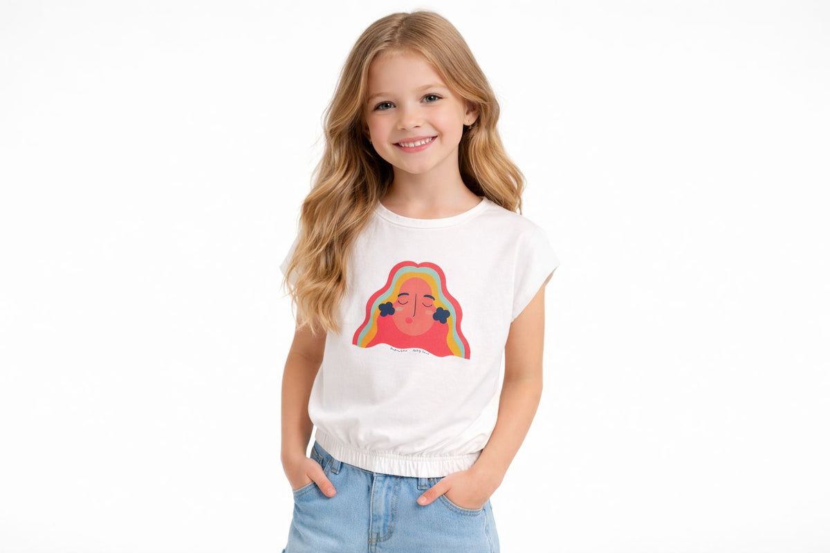 Blusa Manga Curta Infantil Hering Face Algodão Off White
