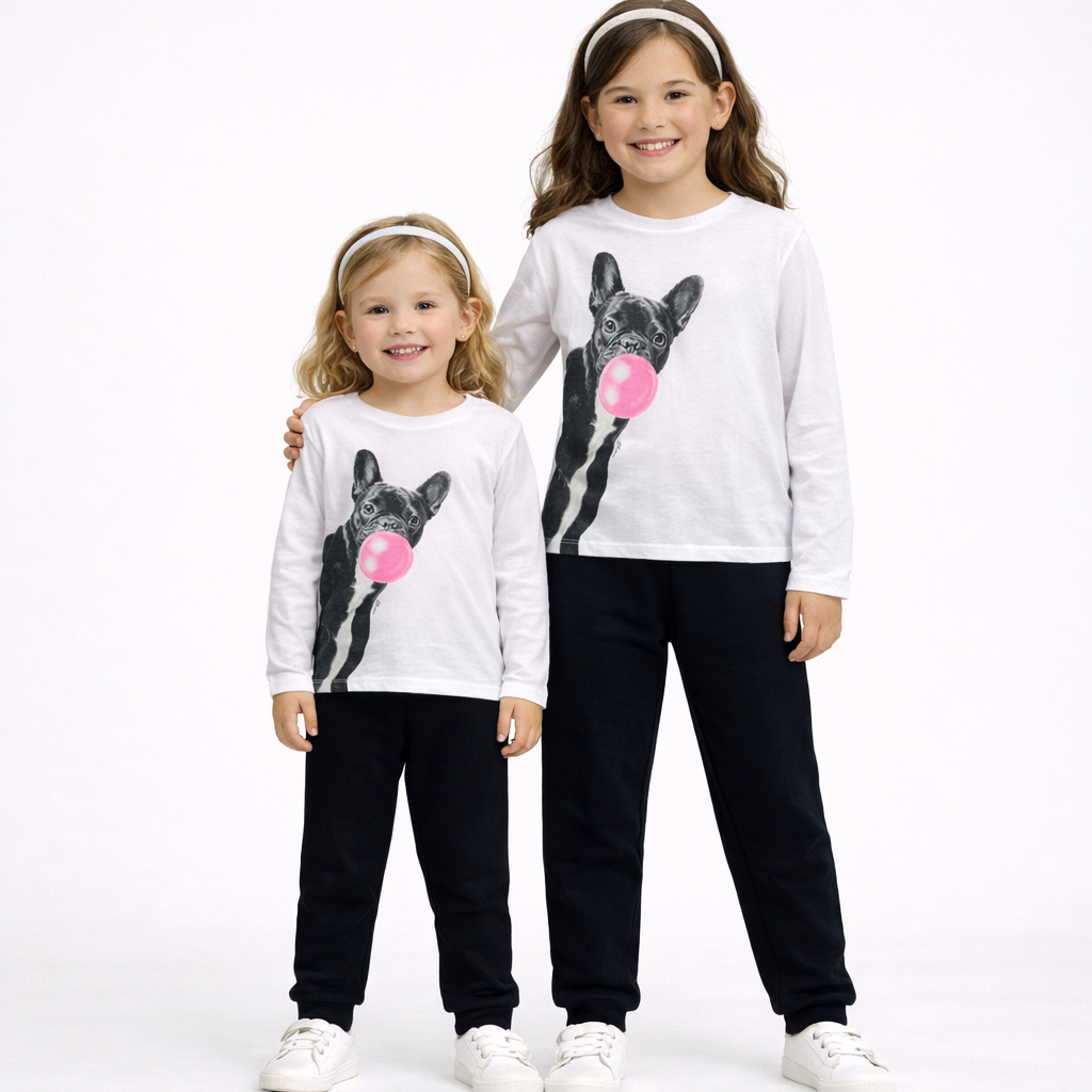 Conjunto Infantil Feminino Manga Longa Legging Menina Cachorro Chiclete Branco Preto