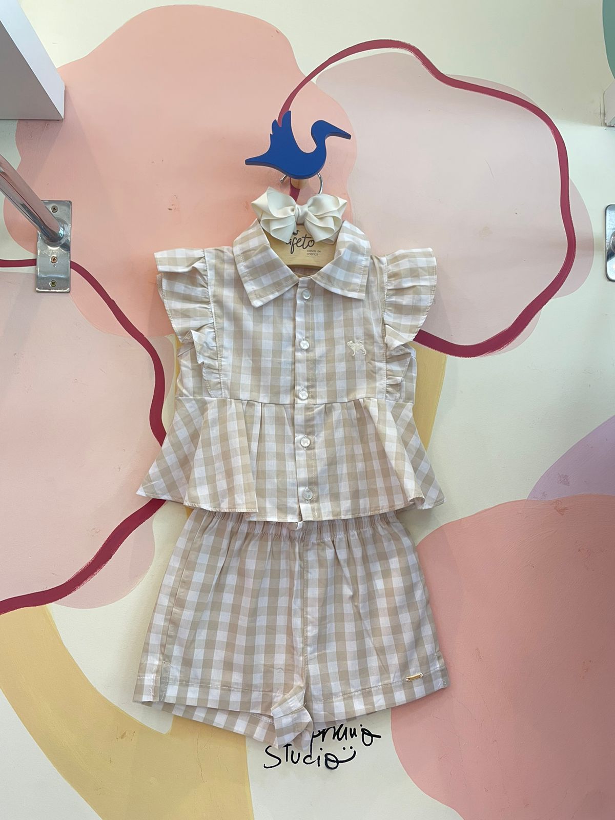 Conjunto Manga Curta Shorts Charpey Menina Tricoline Xadrez