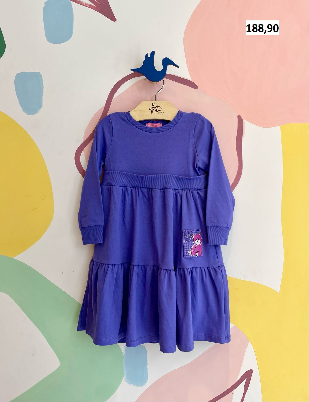 Vestido manga longa menina Momi Liso 3 Marias Urso Roxo