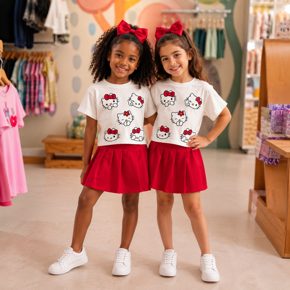 Conjunto Infantil Menina Blusa Manga Curta Rosa e Shorts Saia Colegial Plissado Hello Kitty Vermelho