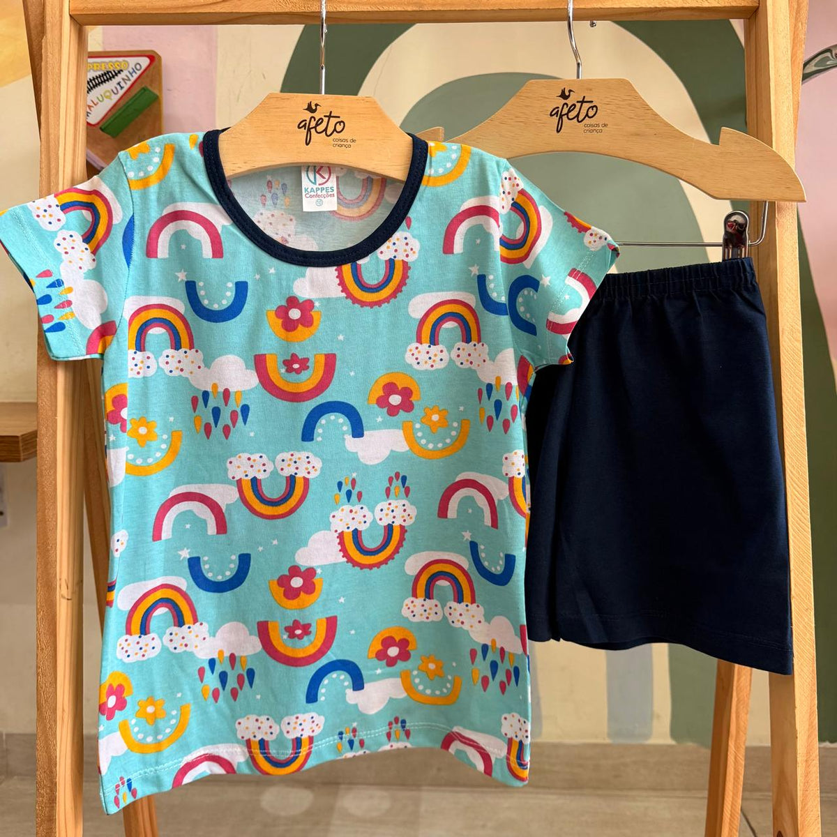 Pijama Infantil Menina Blusa Manga Curta e Shorts Arco Iris Chuva Branco Marinho Verde Água Marinho