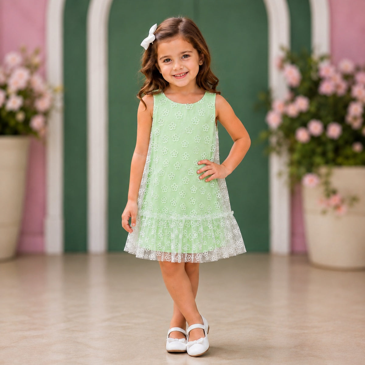 Vestido Infantil Menina Regata Flores Tule Verde Mon Sucre Cecilia