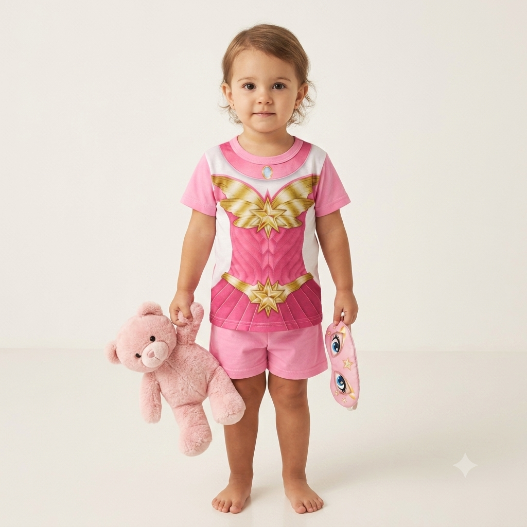 Pijama Manga Curta Shorts Boca Grande Infantil menina com Tapa Olho Heroina