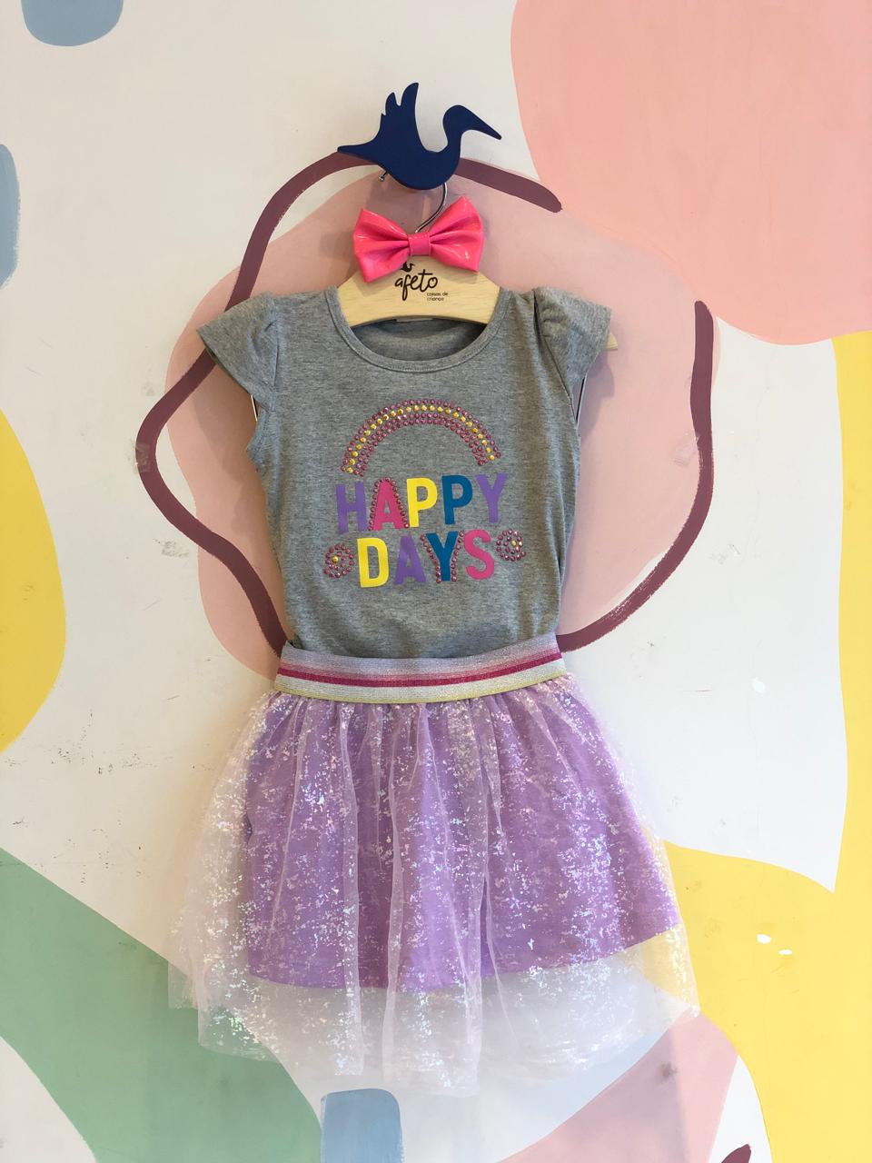 Conjunto Manga Curta Saia Hrradinhos Menina Tule Happy Days