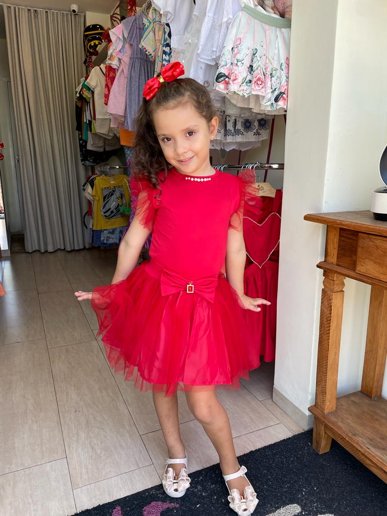 Body Manga Curta Yoyo Infantil Menina Manga Tule Perolas Vermelho