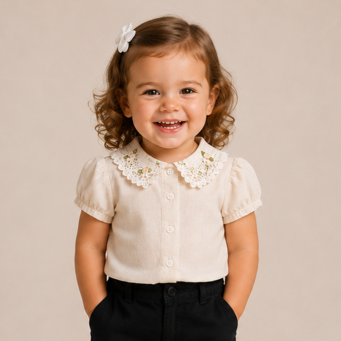Camisa Manga Curta Yoyo Infantil Fem Linho Manga Bufante Off