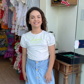 Blusa Manga Curta Momi Infantil Fem Manga Bufante Strass Off