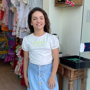 Blusa Manga Curta Momi Infantil Fem Manga Bufante Strass Off