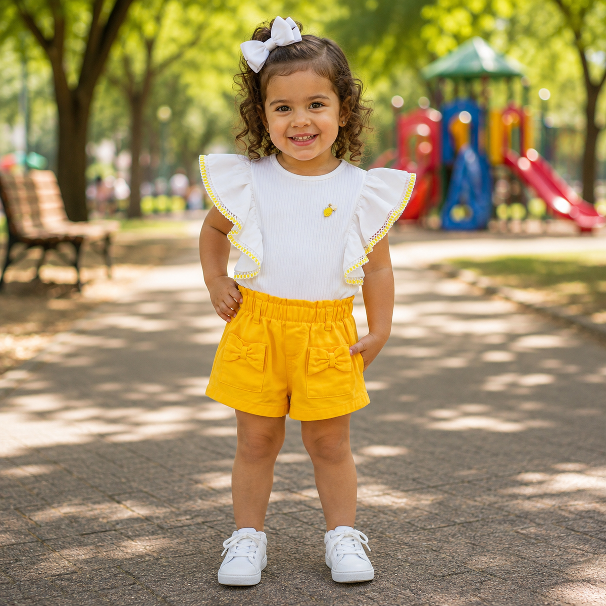 Conjunto Infantil Menina Manga Curta Canelado Babado e Shorts Sarja Amarelo Momi