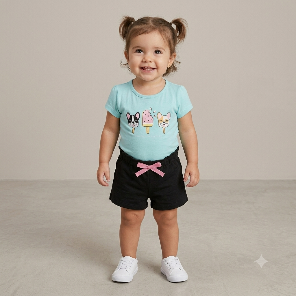Conjunto Manga Curta Shorts menina Cachorro Sorvete