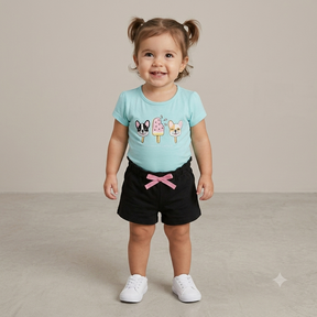 Conjunto Manga Curta Shorts menina Cachorro Sorvete
