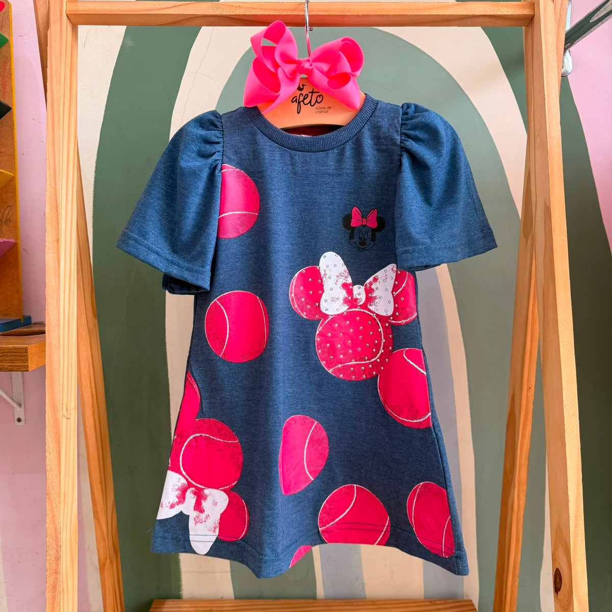 Vestido Infantil Menina Manga Frufru Minnie Tenista Azul Jeans