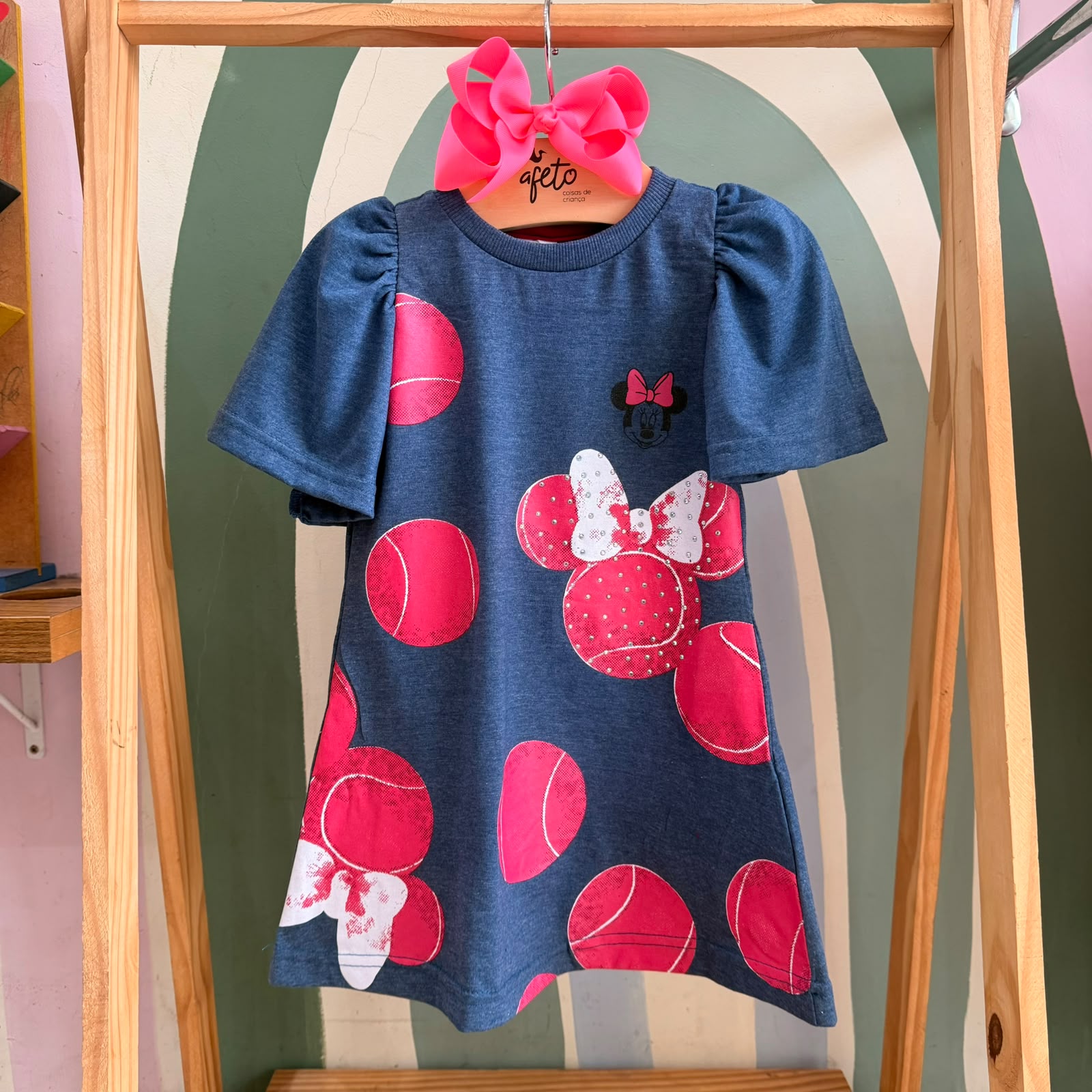 Vestido Infantil Menina Manga Frufru Minnie Tenista Azul Jeans
