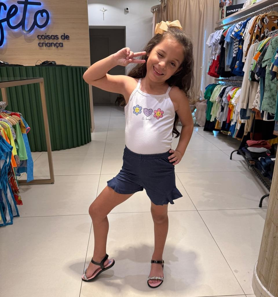 Conjunto Regata Shorts menina Sweet Jeans Branco