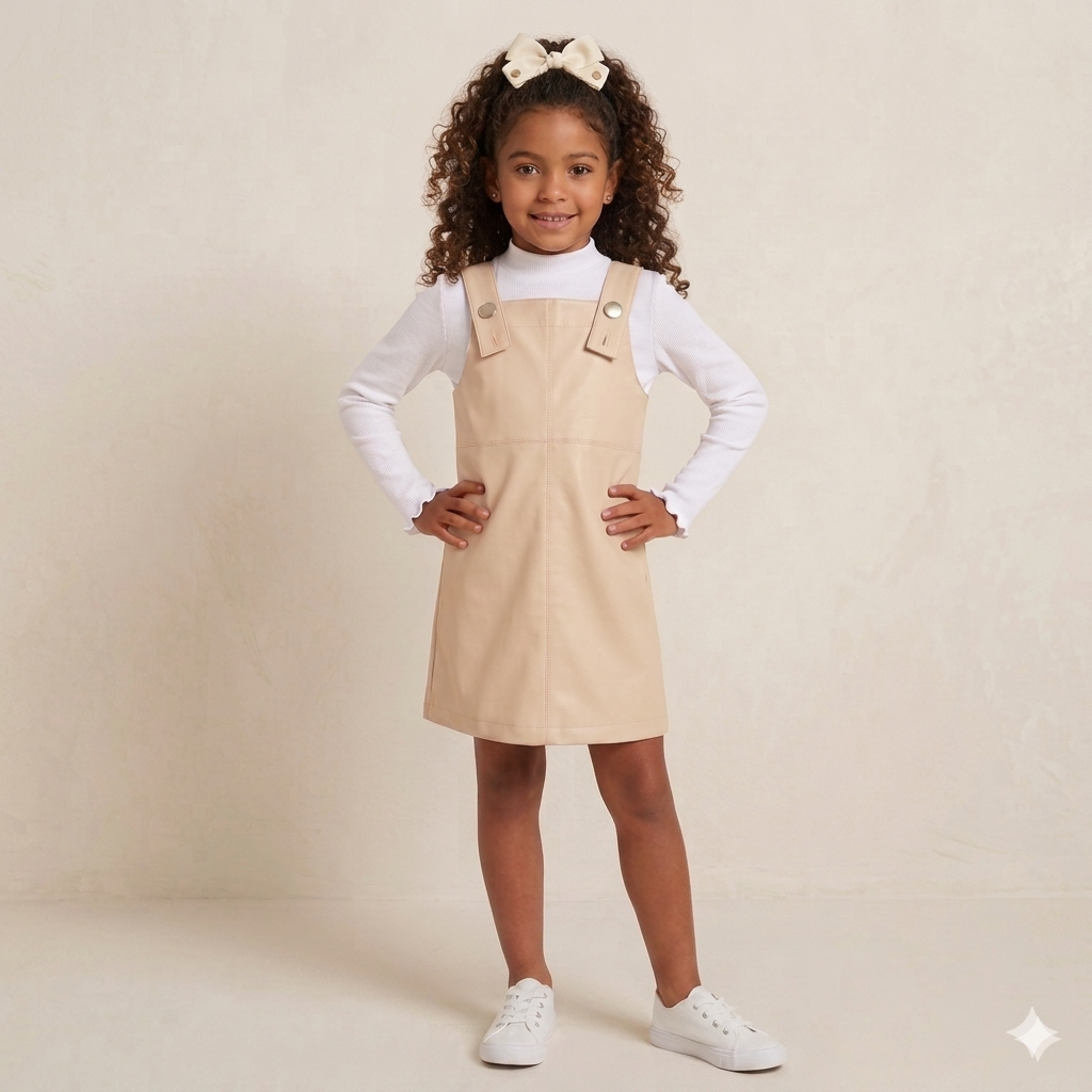 Salopete em Courino Off White Feminino Infantil com Manga Longa Branco Menina