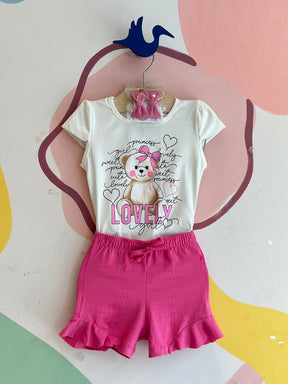 Conjunto Manga Curta Shorts Hrradinhos Menina Ursa