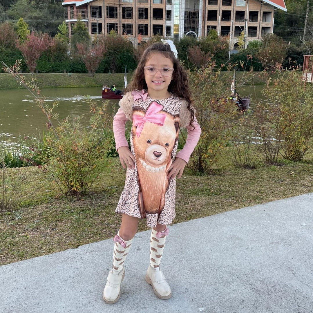 Vestido Manga Longa Yoyo menina Infantil Coracao Ursa com Meia
