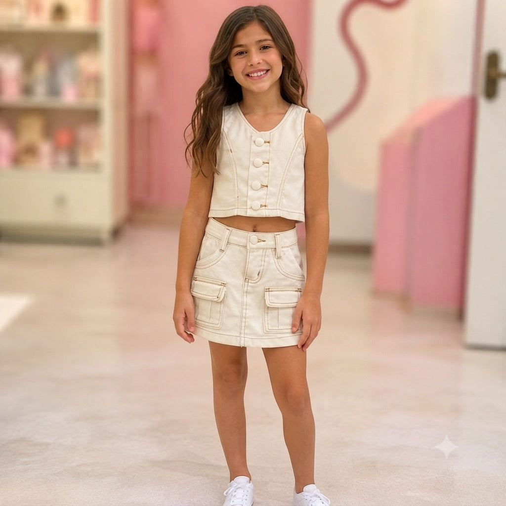 Conjunto Infantil Menina Blusa Regata e Shorts Saia Sarja Off White Pesponto Botoes Bolsos