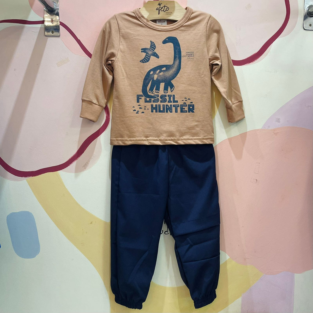 Conjunto Infantil Masculino Manga Longa Calça Tactel Menino Dino Marrom Marinho