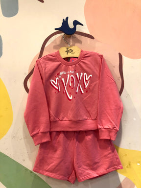 Conjunto Manga Longa Shorts menina You+Me Xox Coracao Rosa