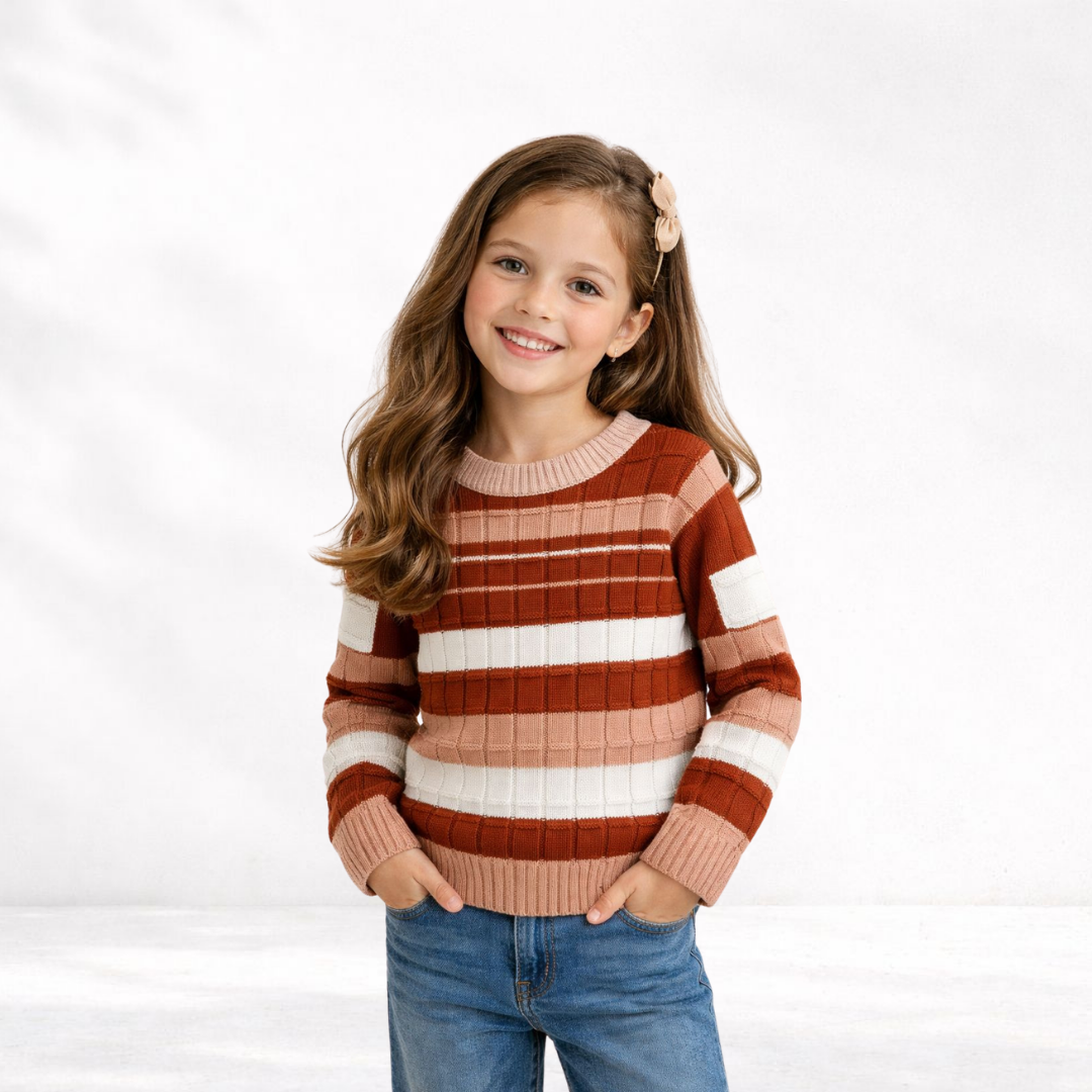 Blusa Sueter Inverno Tricot Infantil Listras Marrom Nude Branco