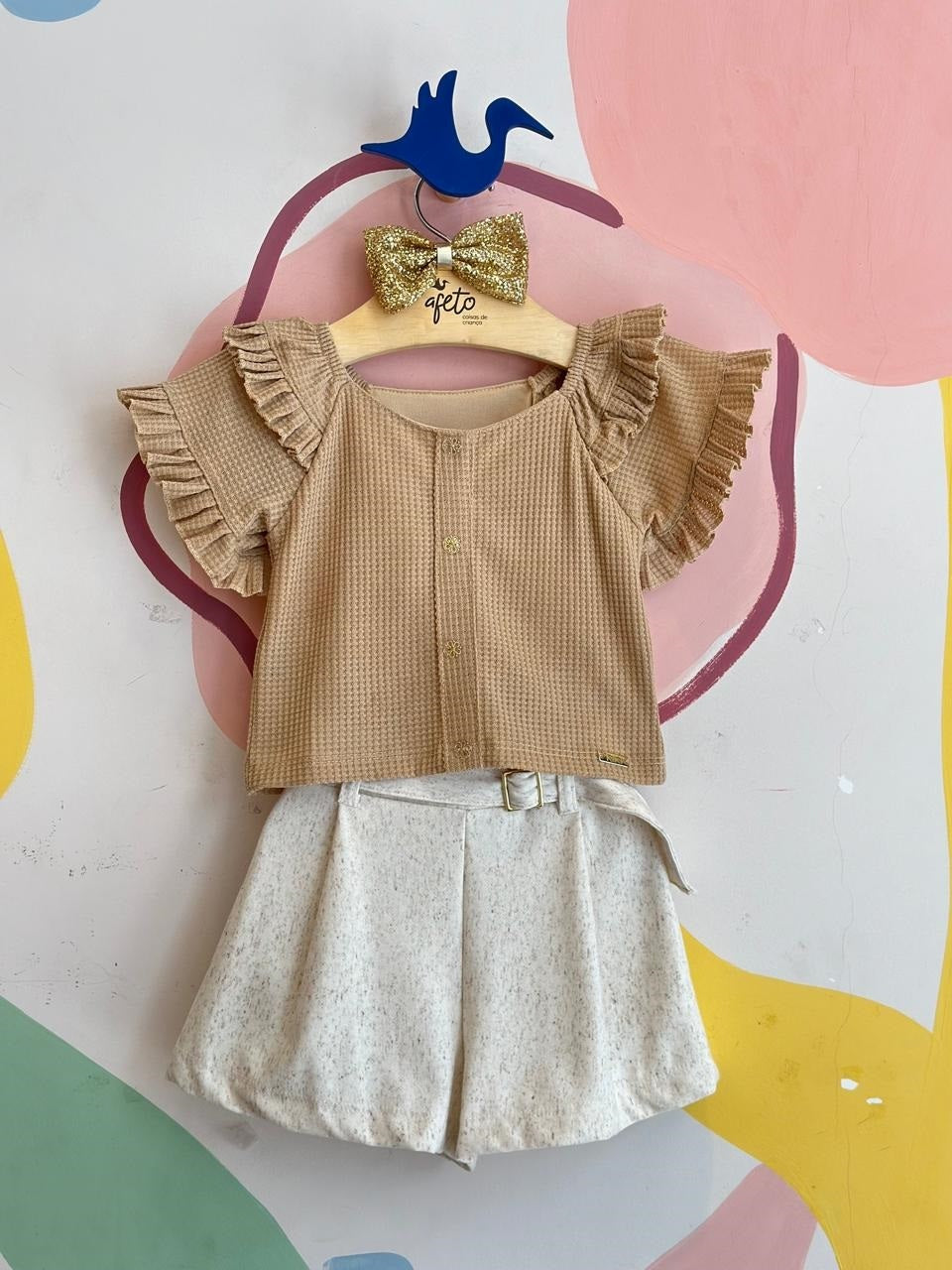 Conjunto Manga Curta Shorts Kiki Xodo Menina Botoes Detalhe Mangas