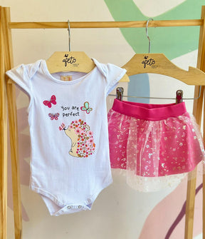 Conjunto Manga Curta Saia Hrradinhos Menina Tule Body Porco Espinho