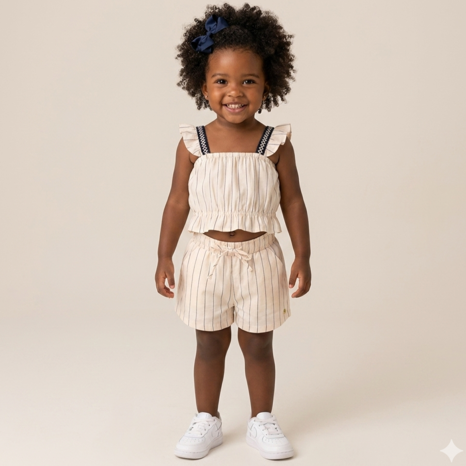 Conjunto Regata Shorts Menina You+Me Linho Listrado