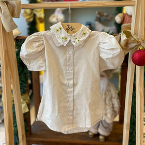 Camisa Manga Curta Yoyo Infantil Fem Linho Manga Bufante Off