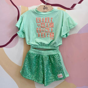 Conjunto Manga Curta Shorts Bambolina Infantil Fem Good Day Paete