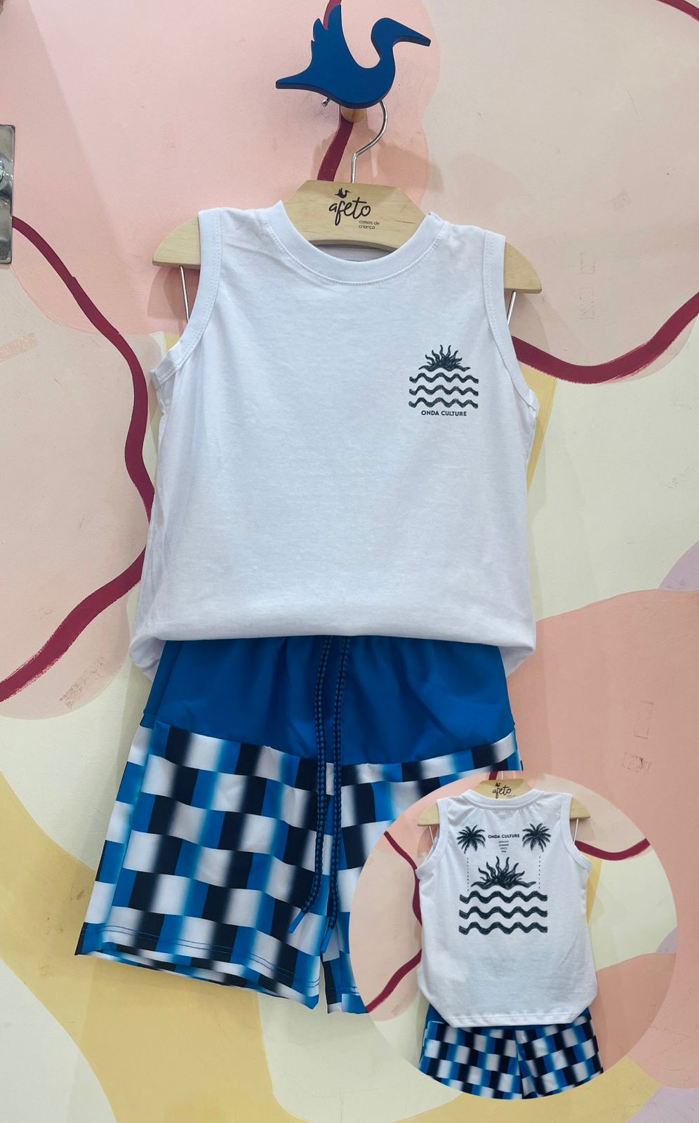 Conjunto Regata Bermuda Onda Kids menino Culture Tactel Branco Azul Preto