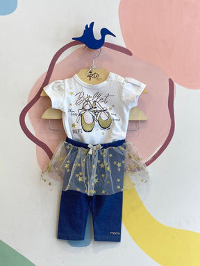 Conjunto Body Momi manga curta Calca menina Ballet com Tule Jeans