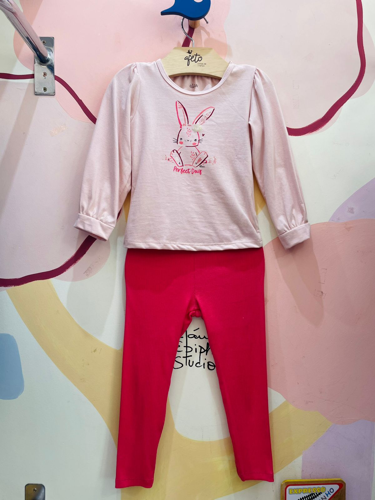 Conjunto Infantil Feminino Manga Longa Legging Menina Coelha Rosa