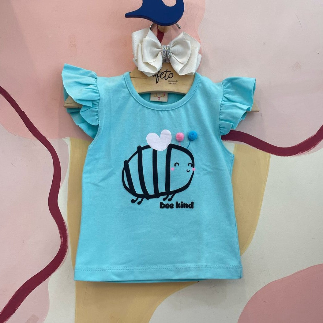 Blusa manga curta menina Abelha Pompom agua