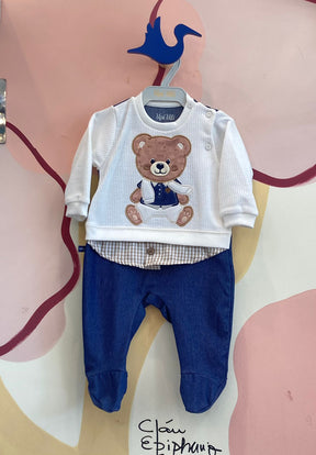 Macacao Manga Longa Upi Uli Infantil Masc Urso Sobreposicao Jeans