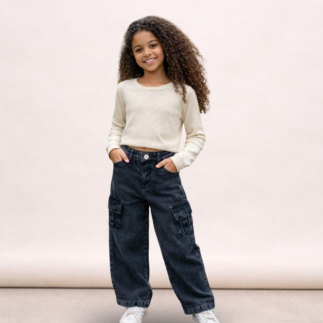 Calça Cargo 2 Bolsos Wid Leg Infantil Menina Pantalona Flare Jeans Preto Estonado