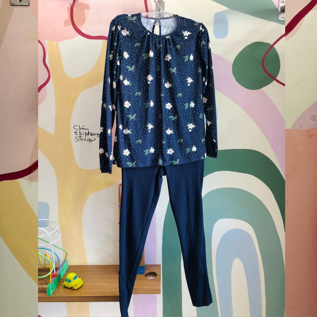 Conjunto Infantil Feminino Manga Longa Legging Menina Flores Folhas Poa Marinho