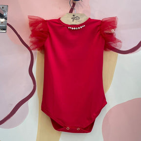 Body Manga Curta Yoyo Infantil Menina Manga Tule Perolas Vermelho